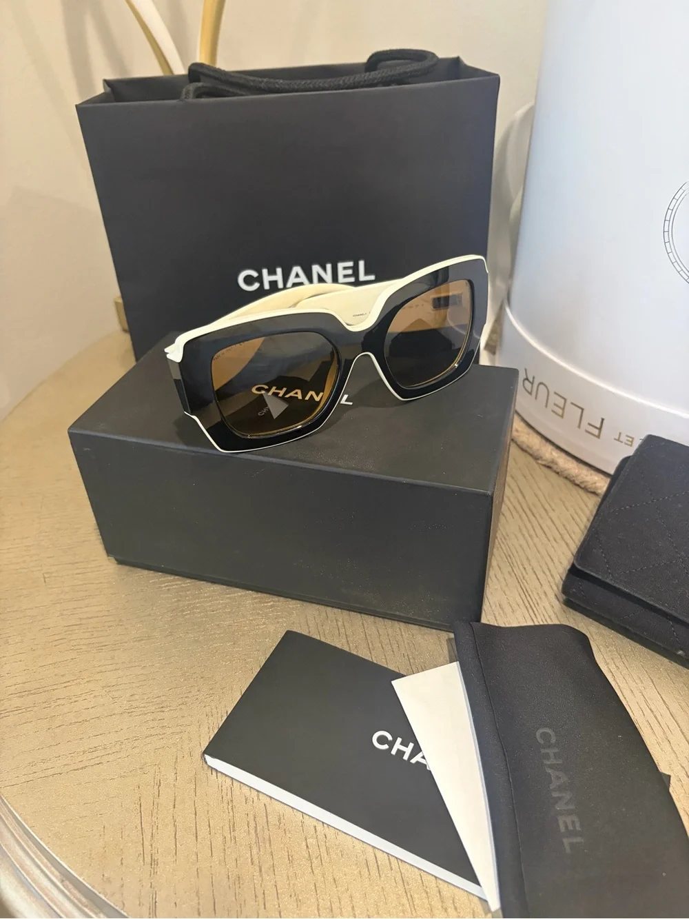 CHANEL 6059 Black and Milky White Square Oversized Sunglasses with Brown Lenses
